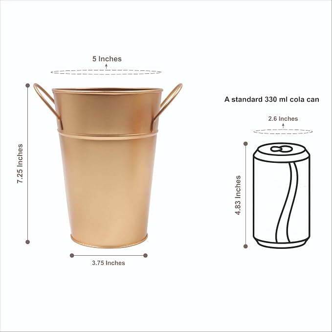 Hosley Set of 2 Gold Bucket/Pot Vase with PVC Liner, 5" Dia x 7" H Ideal Gift for Floral Arrangements Wedding Home Office Party DIY Indoor Outdoor Garden Patio