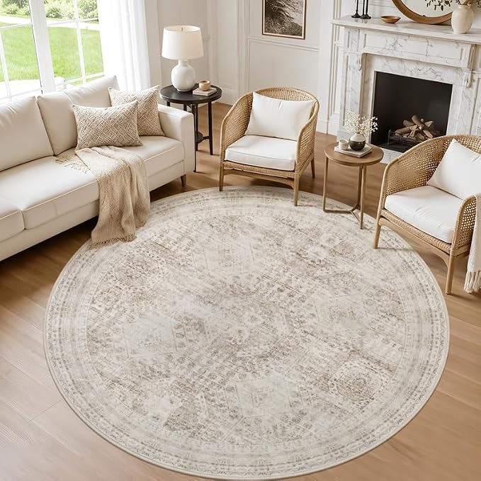 Round Area Rug for Living Room: 8ft Vintage Boho Neutral Washable Circle Rug Soft Large Circular Carpet for Bedroom Nursery Farmhouse Dining Room Office Floor Non-Slip Low Pile Under Table Rug Brown