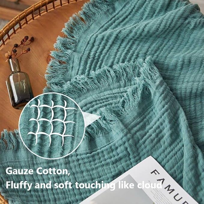 Simple&Opulence Cotton Muslin Throw Blanket for Bed, Couch, Knit Woven Gauze Blanket with Tassels, Soft Lightweight Cozy Pre-Washed Breathable Farmhouse Decoration for All-Season (Dark Green)
