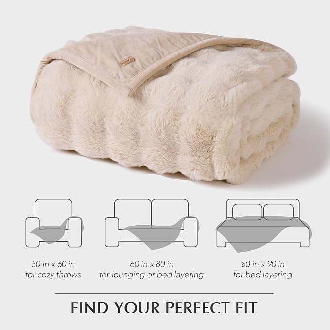 Faux Rabbit Fur Bubble Throw Blanket, 50"x60", Cream | Ultra Soft, Luxury Faux Rabbit Fur Throw, Thick Warm Bubble Blanket, Cozy Fluffy Reversible, for Bed, Couch, Chair, Sofa