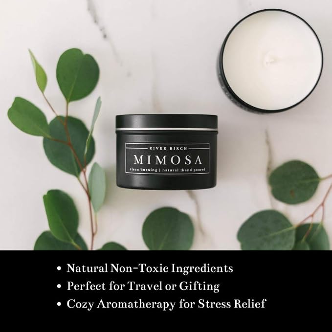 River Birch Candles Mimosa Scented Candle | Premium, All-Natural, Non-Toxic, Soy Candles | 8 oz. Black Matte Tin Travel Candle | Cozy Relaxing Gifts for Home