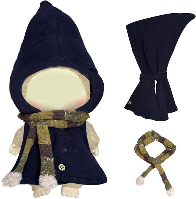 Navy Blue Wizard Robe for Labubu Dolls, Hooded Dress with Scarf Outfit for Popmart Figures, British Style Clothes for labubu Costume. Halloween Clothes for popmart Blind Box.