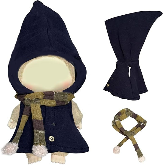 Navy Blue Wizard Robe for Labubu Dolls, Hooded Dress with Scarf Outfit for Popmart Figures, British Style Clothes for labubu Costume. Halloween Clothes for popmart Blind Box.