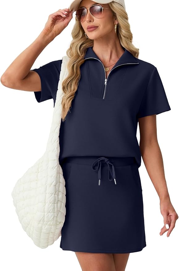 GRECERELLE Women's Summer 2 Piece Skort Set Half Zip Short Sleeve Top & Pocketed Tennis Skirt For Sports & Vacations.