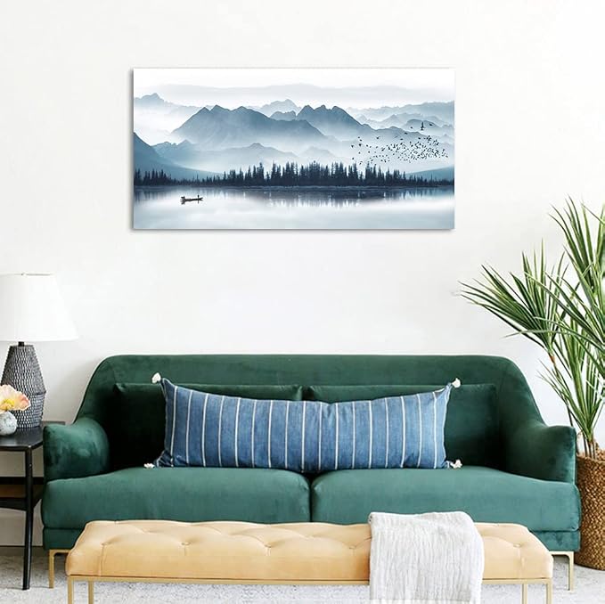 arteWOODS Indigo Canvas Wall Art Misty Mountain Wall Pictures Foggy Lake Boat Painting Print Blue Forest Birds Artwork Wall Decor for Living Room Wall Decorations Framed Ready to Hang 29" x 58"