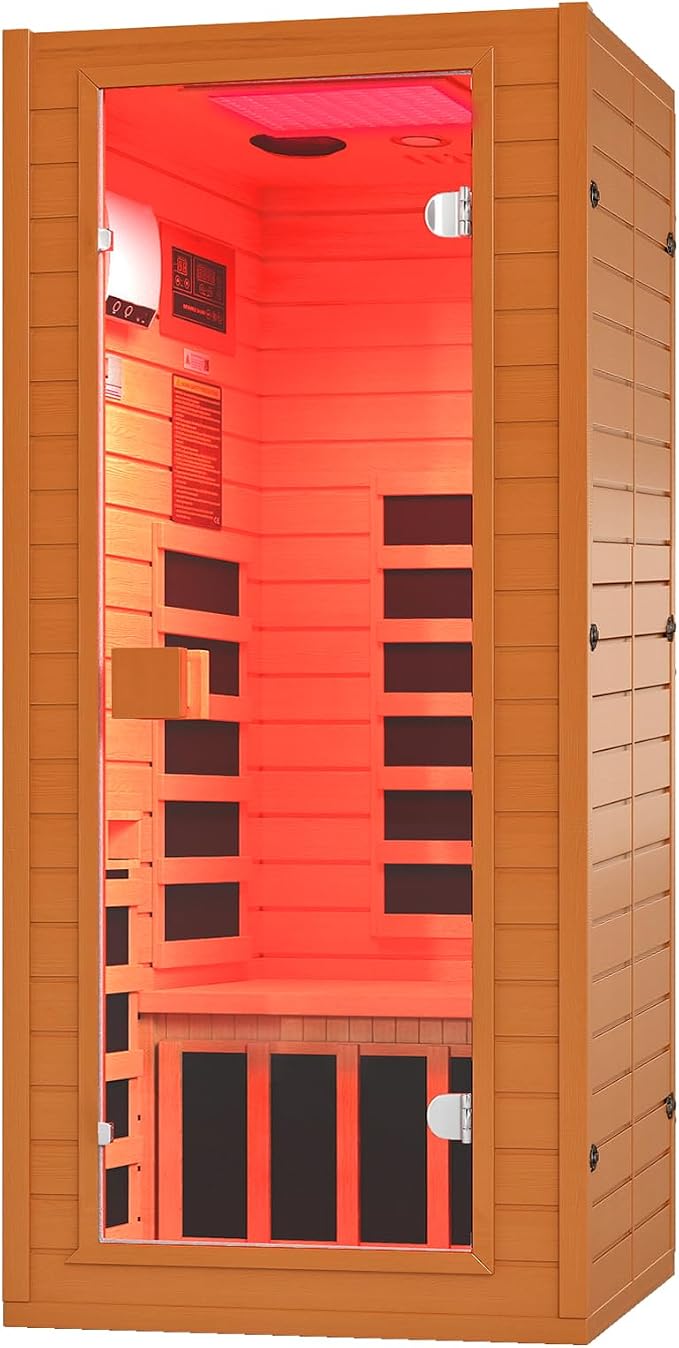 Full Spectrum Infrared Sauna, 1 Person Home Infrared Sauna with Red Light Therapy, Indoor Canadian Hemlock Wood Dry Saunas Room,1178w/120v, Foot Warmer, 7 Heating Panels, Bluetooth Speakers
