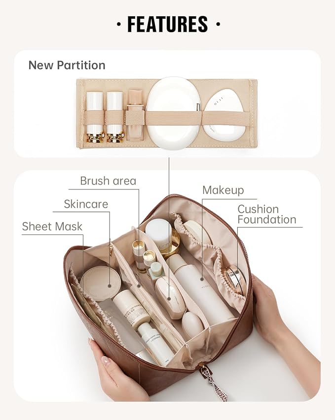 EACHY Travel Makeup Bag, Large Capacity Cosmetic Bag for Women, Waterproof PU Leather, Flat Open Portable Toiletry Bag for Skincare, Brushes & Travel Essentials