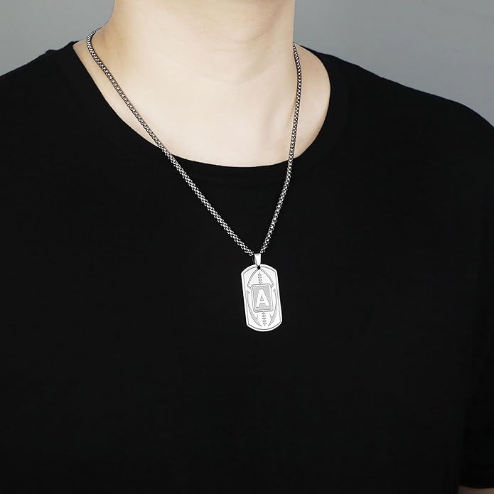Initial A-Z Dog Tag Necklace for Men - Football Charm Pendant, Stainless Steel Chain 22+2 Inches, Personalized Sports Athletes Jewelry Gift