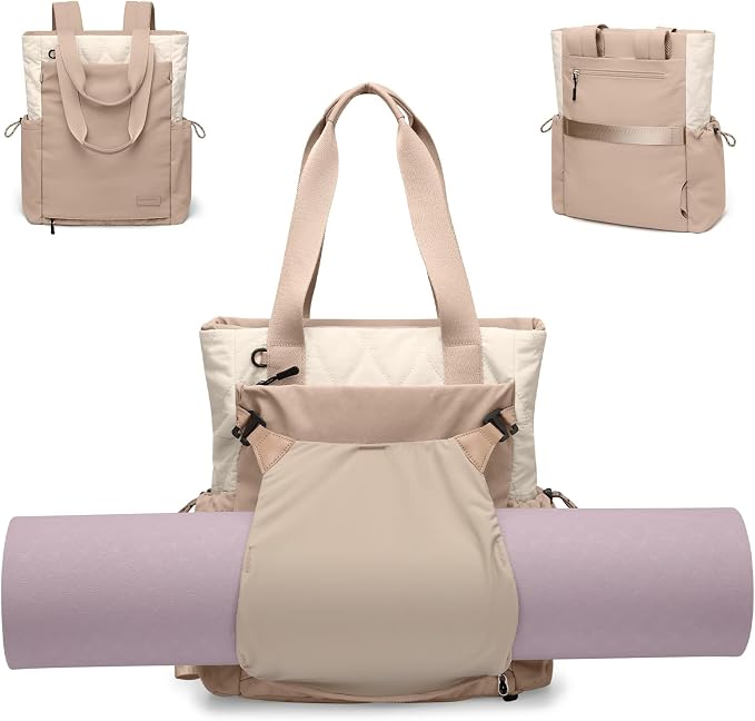 GOLF SUPAGS 3-in-1 Laptop Tote Backpack for Women 15.6" Quilted Work Gym Bag with Hidden Yoga Mat Carrier for Travel Leisure (Gravel Brown & Beige)