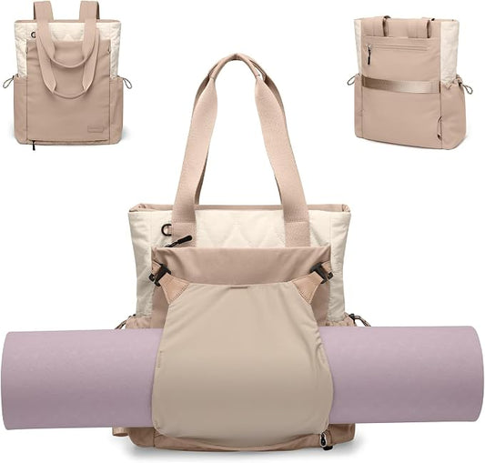 GOLF SUPAGS 3-in-1 Laptop Tote Backpack for Women 15.6" Quilted Work Gym Bag with Hidden Yoga Mat Carrier for Travel Leisure (Gravel Brown & Beige)