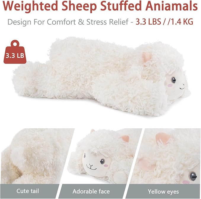 Niuniu Daddy 20" | 3.3 Pound Sheep Weighted Stuffed Animals, Large White Goat Pillowfort Stuffed Lap Animal Toys for Kids Adults, Big Plush Body Pillow for Gifts Birthday Christmas Holiday