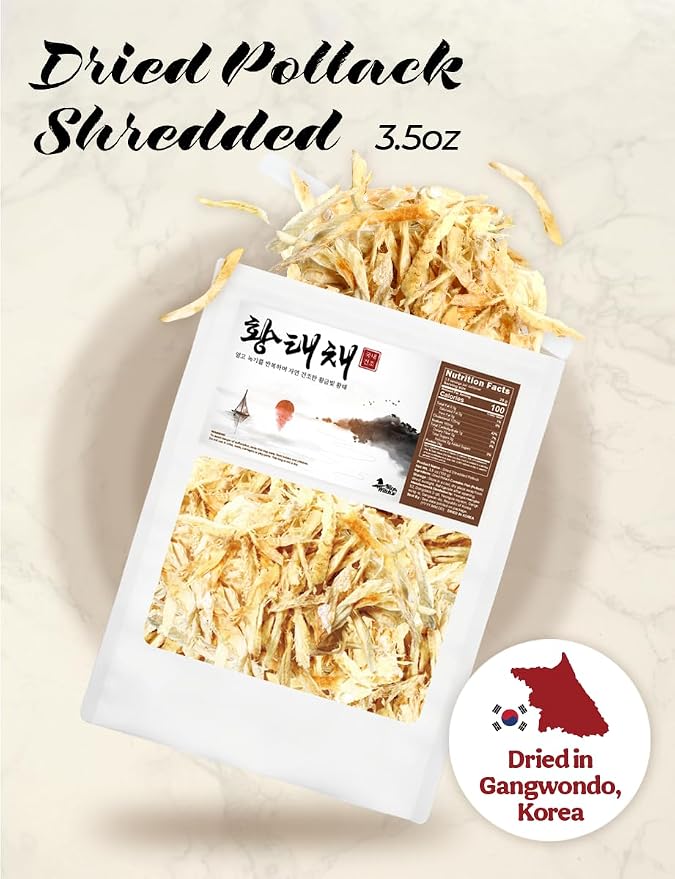NICE WITCH'S Dried Pollack Shredded 100g / 3.5oz - Naturally Air-Dried in Korea, High-Protein Soup Ingredient Naturally Processed Seafood in Korea 국내건조 황태채