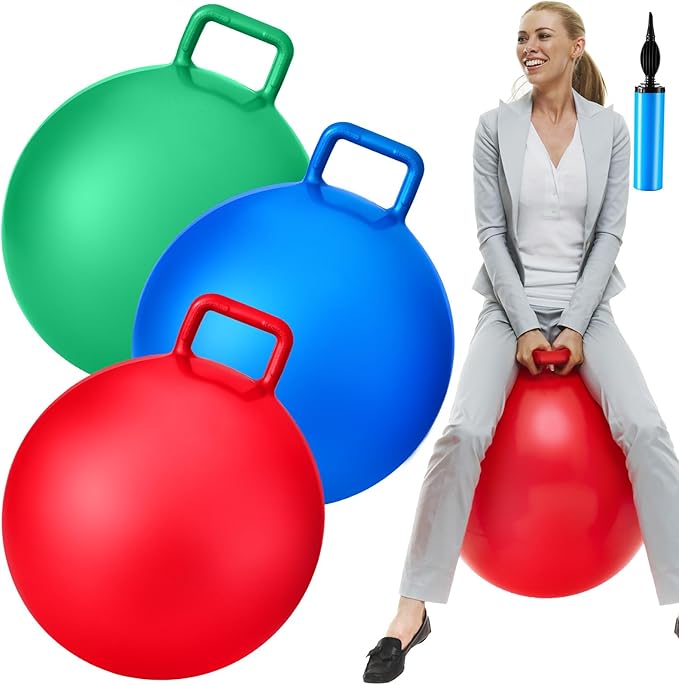 Lewtemi 3 Pcs 29 Inch Bouncing Ball with Handle, Outdoors Hopper Jumping Hopping Ball and Air Pump for Sports Exercise (Red, Blue, Green)