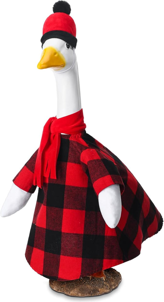 Christmas Red and Black Buffalo Plaid Goose Outfit Clothes for 23" High Cement or Plastic Goose Lawn Clothing Porch Garden Costume for Yard Outdoor Patio Statue Xmas Holiday Decor