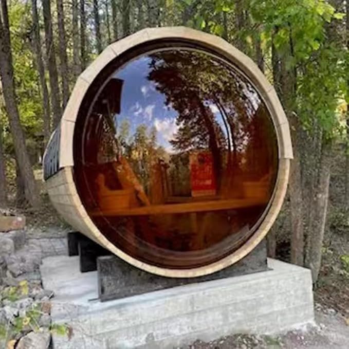 Outdoor Wooden Panoramic Barrel Sauna, 4-6 Person Sauna Room 220V， 6kw Toule Electric Heater， Accessories and Asphalt Shingle Roof, (Helmock, 70.86"x74.86"x74.86")