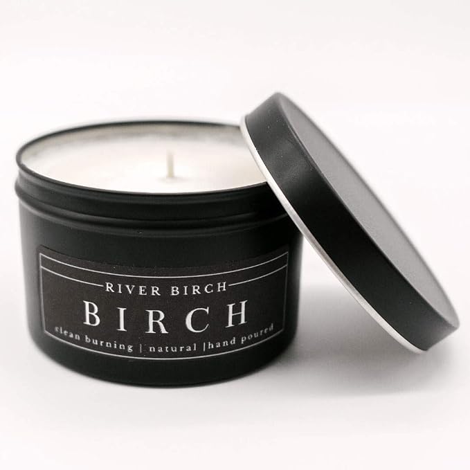 River Birch Candles Birch Scented Candle | Premium, All-Natural, Non-Toxic, Soy Candles | 8 oz. Black Matte Tin Travel Candle | Cozy Relaxing Gifts for Home