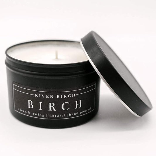 River Birch Candles Birch Scented Candle | Premium, All-Natural, Non-Toxic, Soy Candles | 8 oz. Black Matte Tin Travel Candle | Cozy Relaxing Gifts for Home