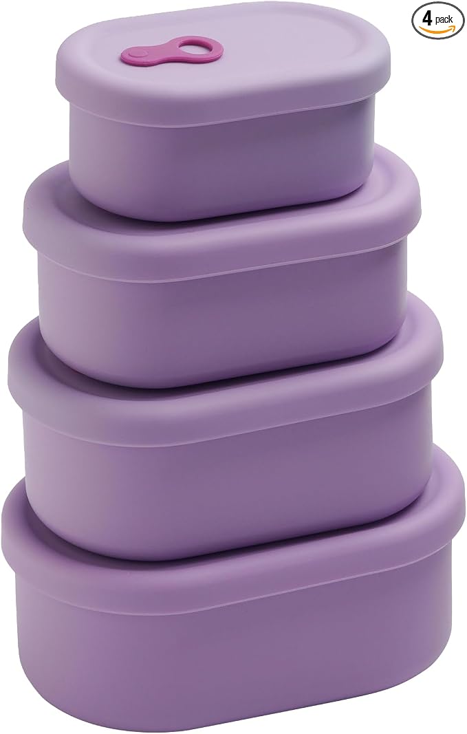 Korean Silicone Food Container with Steam Vent, Violet 4pc | Microwave & Freezer Safe, Leakproof, Airtight, Dishwasher Safe, BPA Free