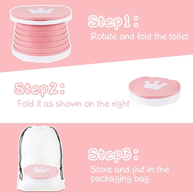 Portable Potty Seat, Toddler Folding Training Toilet Chair Kids Travel Foldable Potty Indoor Outdoor with Storage Travel Bag Pink