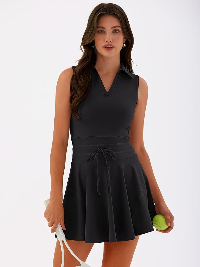 Caracilia Women's 2 Piece Tennis Dress Set-Polo Neck Sleeveless Mini Dresses with Shorts,Golf Casual Workout Athletic Sports