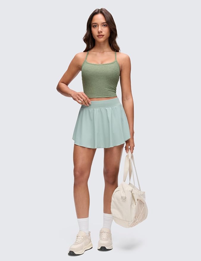 CRZ YOGA Cut-Out Y Back Crop Tank Tops for Women - Scoop Neck Spaghetti Strap Racerback Yoga Longline Sports Bra Non Padded