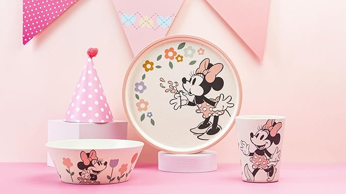Zak Designs Disney Kids Dinnerware Set 3 Pieces, Durable and Sustainable Melamine Bamboo Plate, Bowl, and Tumbler are Perfect For Dinner Time With Family (Minnie Mouse)
