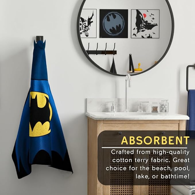 Batman DC Comics Kids Super Soft Bath/Pool/Beach Soft Cotton Terry Hooded Towel Wrap, 24 in x 50 in, (Officially Licensed Product) By Franco