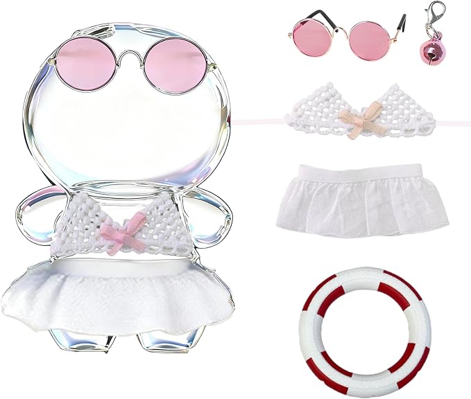Swimsuit Party for 17cm Doll(No Dolls),5-Piece Set Including Clothes, Skirt, Pink Glasses, Pink Swimming Ring and Bell, Swimsuit Set, hot Party Style, Summer Beach Style, Pink Bow Outfit