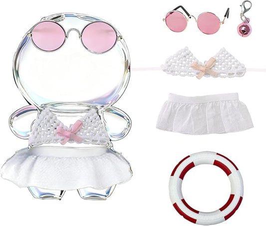Swimsuit Party for 17cm Doll(No Dolls),5-Piece Set Including Clothes, Skirt, Pink Glasses, Pink Swimming Ring and Bell, Swimsuit Set, hot Party Style, Summer Beach Style, Pink Bow Outfit