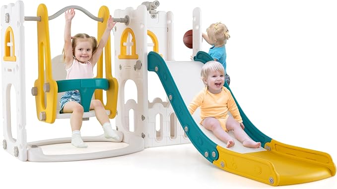 Costzon 7 in 1 Toddle Swing and Slide Set, Freestanding Toddler Slide Playset w/Swing, Basketball Hoop, Kids Slide for Toddler Age 1-3 Playground w/Storage Space, Gifts for Boys Girls (Yellow)