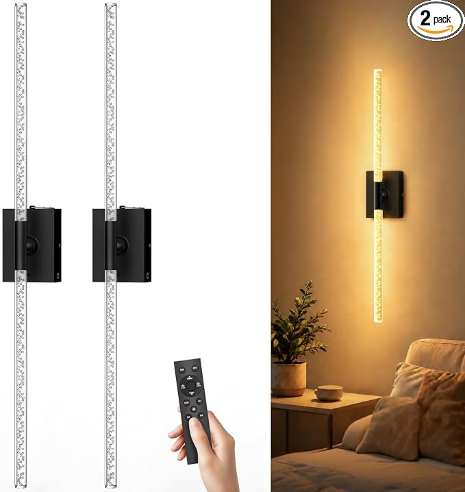 Battery Operated Wall Sconces Set of 2, 10000mAh, Black Bubble | wireless crystal wall lights rechargeable with Remote & 360° Rotate, 31.5" Wall Lamp for Bedroom Living Room Mirror