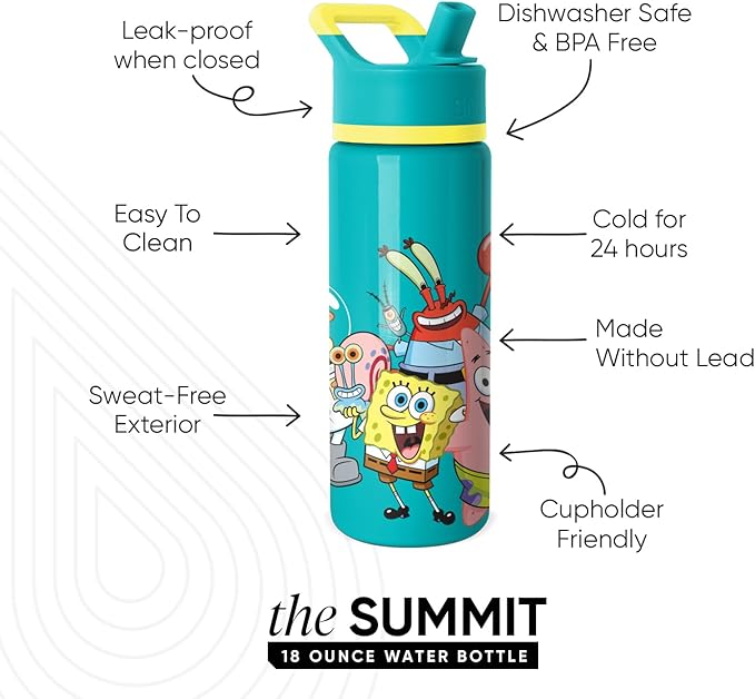 Simple Modern Kids Summit Water Bottle with Straw Lid | SpongeBob 18oz Stainless Steel Cup Insulated Tumbler for Boys, Girls, School | SpongeBob Pals