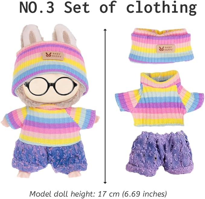 ebuddy 4 Sets Doll Clothes for 17cm Plush Doll-Knit Outfit Set Sweater Collection(Doll and Glasses Not Included) (4 Outfits)