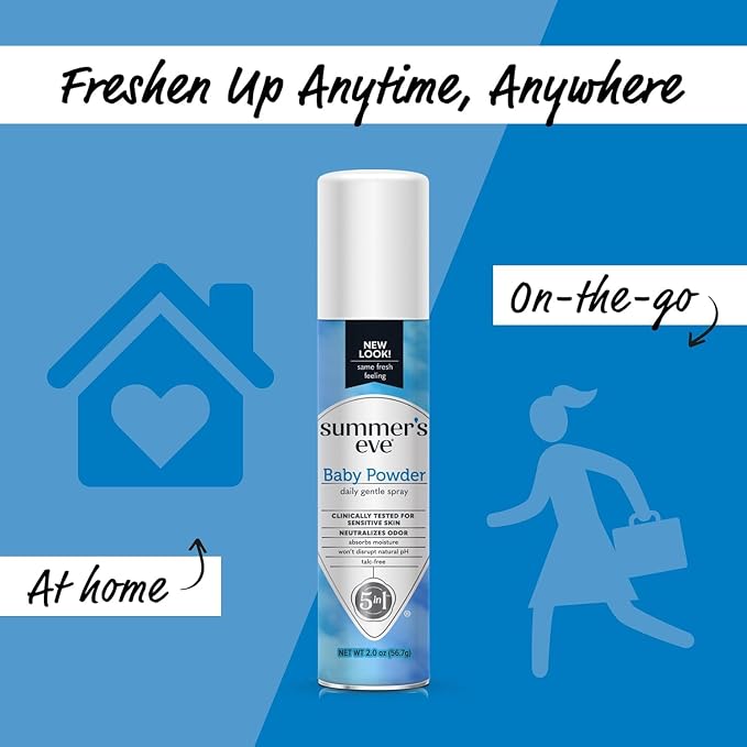 Summer’s Eve Baby Powder Feminine Freshening Spray, Daily Gentle Intimate Deodorant, Neutralizes Odor, pH Balanced, Talc Free, Sensitive Skin, 2 Ounce (Pack of 4)