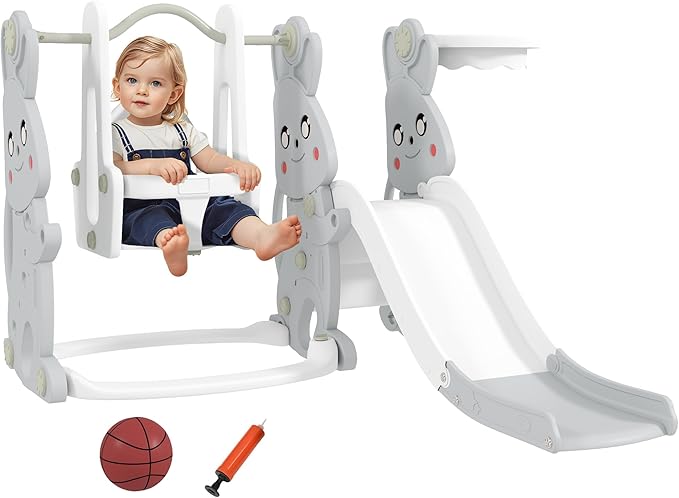 Qaba 4 in 1 Toddler Slide and Swing Set, Kids Playset for Ages 1.5-4, Rabbit Themed Children Slide Playground with Climber, Basket Hoop, for Indoor Outdoor Backyard, Gray