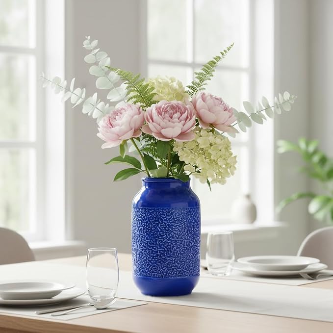 Blue Ceramic Flower Vase - 9 Inch Decorative Vase for Pampas Grass, Modern Texture Vase for Decor, Fireplace, Bathroom, Table, Shelf, Living Room, Kitchen Decor