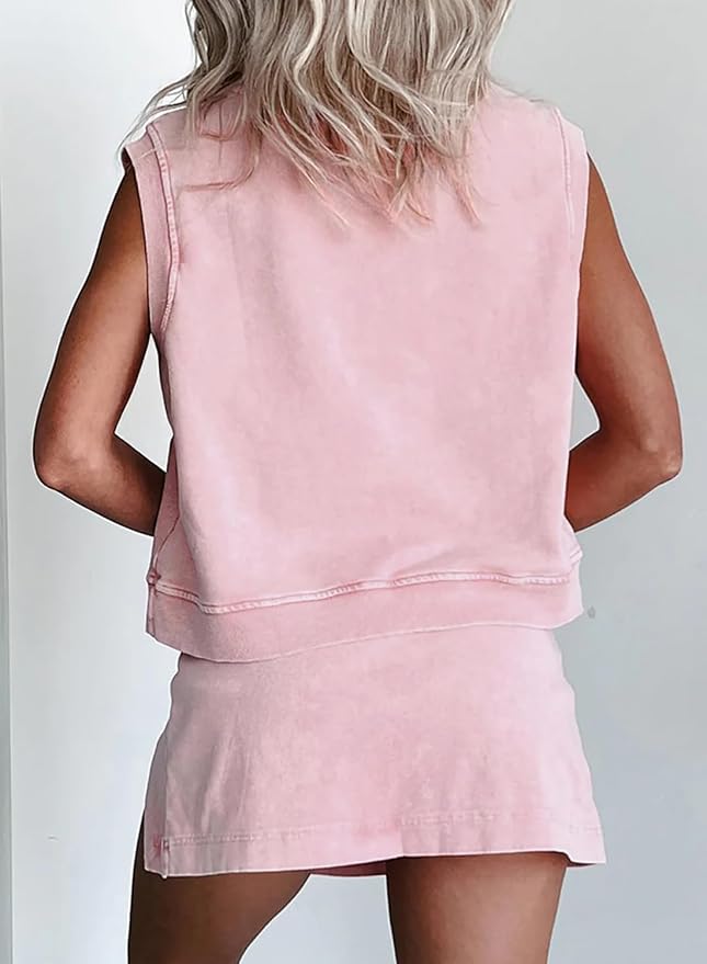 Women 2pc Mineral Wash Athletic Lounge Tank Skirt Set | Soft mineral wash cotton,Breathable.Relaxed lined split skirt.Ideal for travel,lounge,gym,workout casual daily wear