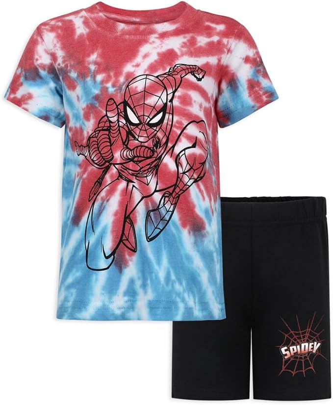 Marvel Spider-Man Boys Tie Dye Short Sleeve Shirt and Shorts Set for Toddler and Big Kids