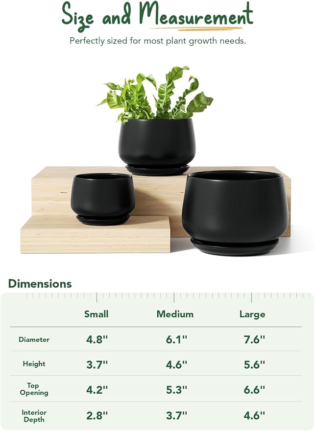 LE TAUCI Plant Pots, 4.1+5.1+6.5 inch, Set of 3, Ceramic Planters with Drainage Hole and Saucer, Indoor Flower Pot with Hole Mesh Pad, Gifts for Mom, Black