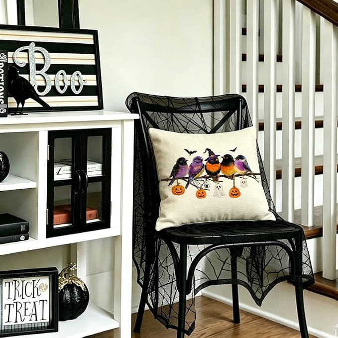RABUSOFA Halloween Pillow Covers 18x18 Inch Halloween Decorations for Home | Watercolor Birds,,Spooky Ghost Pumpkin Bat Halloween Decor,Supplies Accessories for Home Couch Party Patio