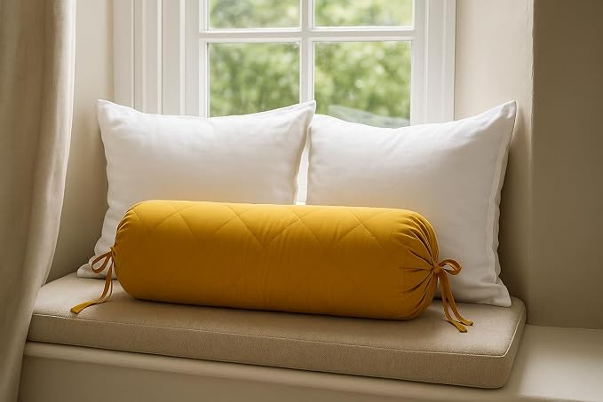 Saffron Quilted Bolster Pillow Cover (Mustard, 8" Diameter x24 Long (20 cm x 60 cm))