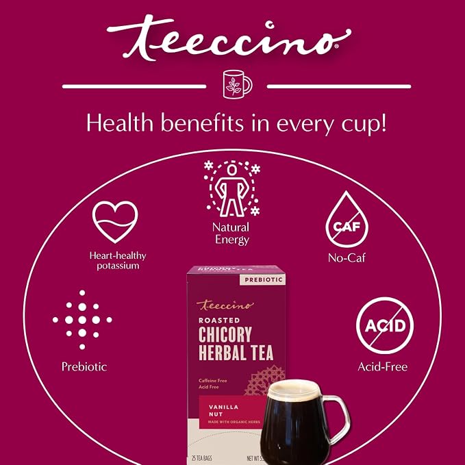 Teeccino Vanilla Nut Herbal Tea, 25 Tea Bags - Rich & Roasted Herbal Tea That’s Caffeine Free & Prebiotic for Natural Energy, 3X more Herbs, Acid Free, Great Hot or Iced