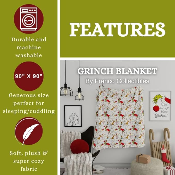 Dr. Seuss The Grinch Holiday Bedding Super Soft Plush Micro Raschel Blanket, 90 in x 90 in, (Official Licensed Product) By Franco