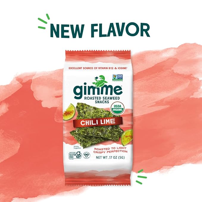 Gimme Seaweed Organic Premium Roasted Seaweed Snacks, Chili Lime, 6 Count, Keto, Vegan, Gluten-Free, Great Source of Omega3s and Iodine, Healthy On-The-Go Snack for Kids and Adults