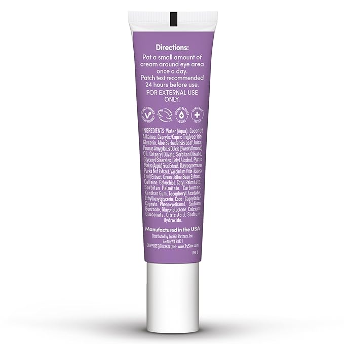 TruSkin Longevity Eye Cream - Caffeine Eye Cream with Bakuchiol, Lingonberry Stem Cells & Green Coffee Bean - Healthy Aging Gentle Retinol Alternative, Puffiness, Dark Circles, 0.5 fl oz