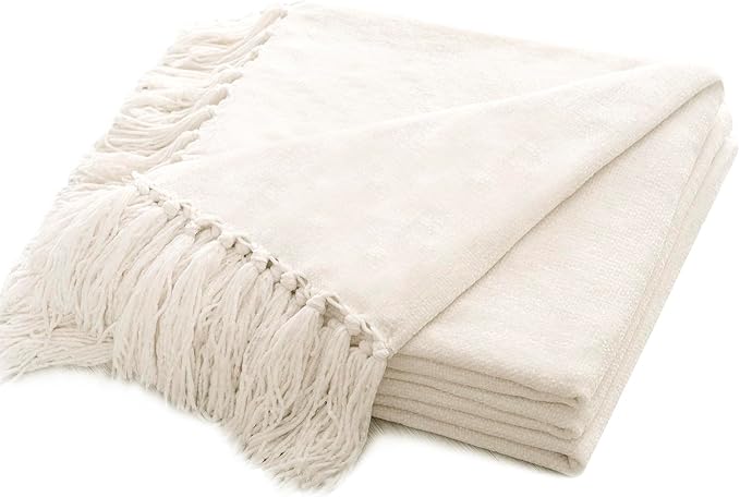RECYCO Chenille Throw Blanket for Couch, 60"x80", Ivory White | Super Soft Knit Throw Blanket with Fringe Tassels, Lightweight Knitted Throw, Cozy, Ideal for Sofa Chair Bed Living Room Gift