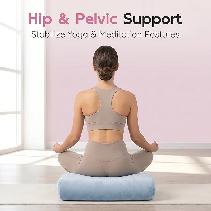 Yoga Bolster Pillow, Curved Wedge for Deep Stretch & Prenatal Support, 25"×12"×5", Sponge Bead-Cotton Filling, Velvet Cover with Zipper & Handle for Yoga, Meditation & Pilates (Light Blue)