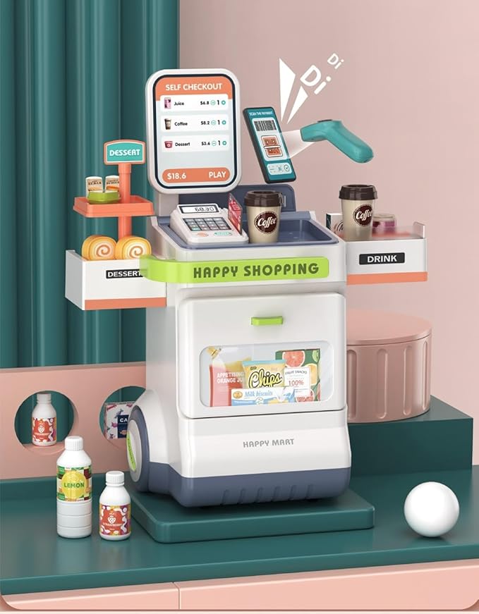 Serena&Jewel 47-Piece Pretend Play Cash Register Toy with Calculator, Shopping Bag, Scanners, Credit Cards, Grocery Game Food Set, and Mobile Cart - Preschool Gifts for Toddlers, Boys, and Girls