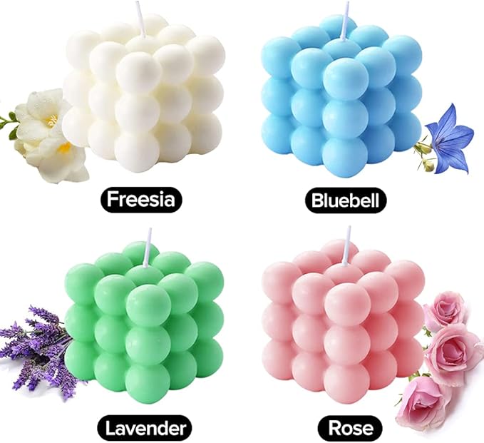Scented Bubble Cube Candles for Home, Scented, 5.4 oz Soy Wax Aromatherapy Candle, Aesthetic Room Decor Cute Danish Pastel Large Decorative Shaped Candles Gifts - Freesia(White)