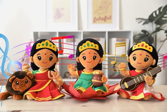 MODI TOYS Mini Devis Bundle - 3 Small (7 inch) Mantra Singing Plush Toys | Ideal for Newborns, Infants, Toddlers, Grandparents | Best for Diwali, Baby Shower, Birthday, Housewarming